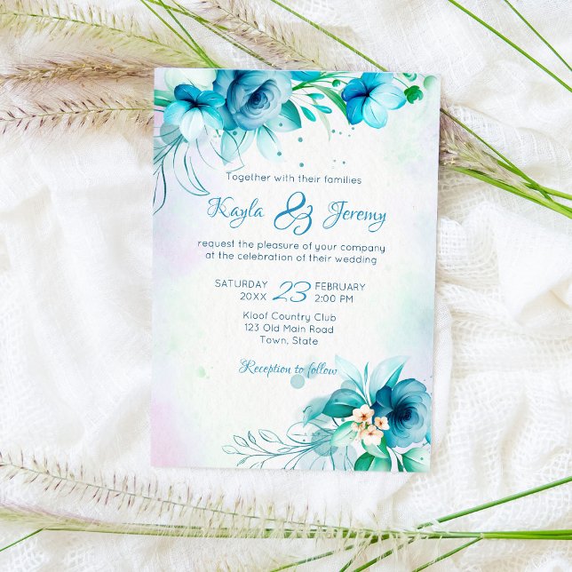 Invitación Flores verdes verde azuladas azules boda floral (Subido por el creador)