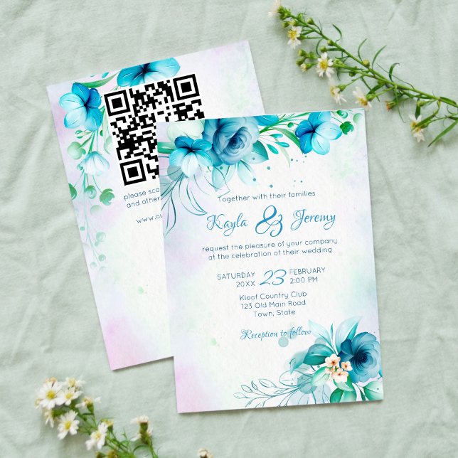 Invitación Flores verdes verde azuladas azules boda floral to (Subido por el creador)