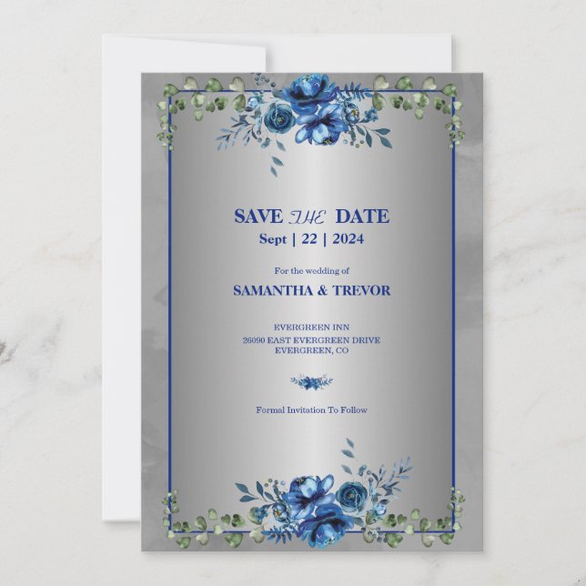 Invitación Flores Verdes y Dorado Metálico: Guarden la Fecha (Anverso)