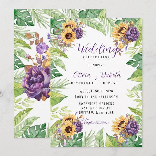 Invitación Flores verdes y flores moradas Boda Inv (Anverso / Reverso)