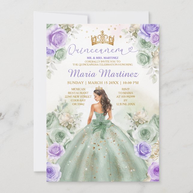 Invitación Flores verdes y púrpura princesa Quinceañera (Anverso)