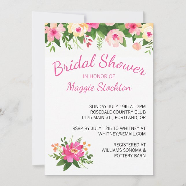 Invitación Flores verdes y rosadas calientes Ducha de novias (Anverso)