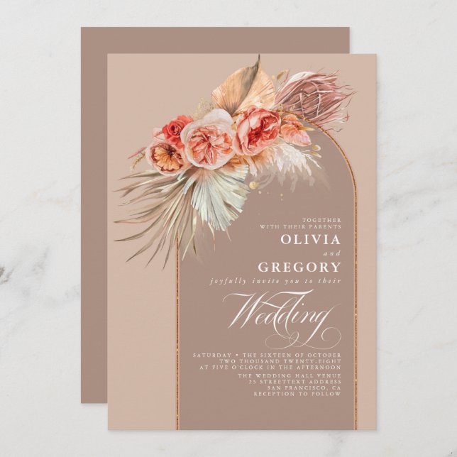 Invitación Flores vibrantes y Boda del Boho de Grass Pampas (Anverso / Reverso)