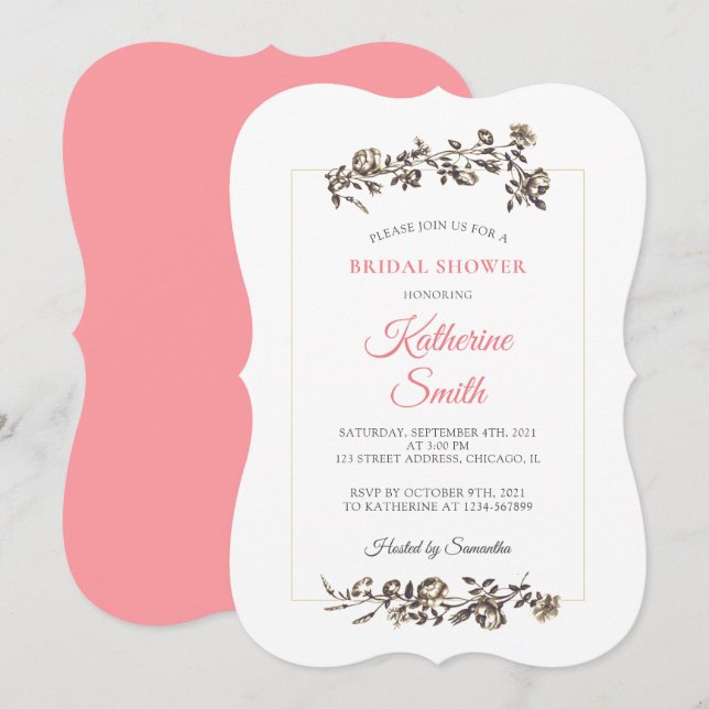 Invitación Flores Vintage clásicas Ducha Nupcial Rosa (Anverso / Reverso)