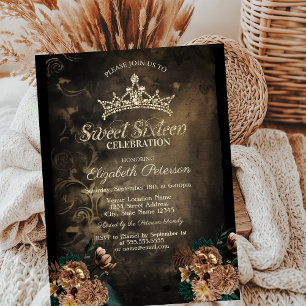 Invitación Flores Vintage Damask Dulce 16 Oscuro Gótico