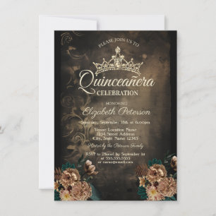 Invitación Flores Vintage Damask Quinceañera Gótica Oscura 