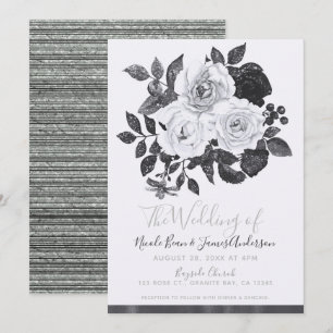 Invitación Flores Vintage en Blanco y Negro Chic Floral Moder