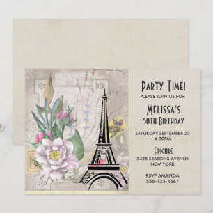 Invitación Flores Vintage, Torre Eiffel y Cumpleaños de Arpil