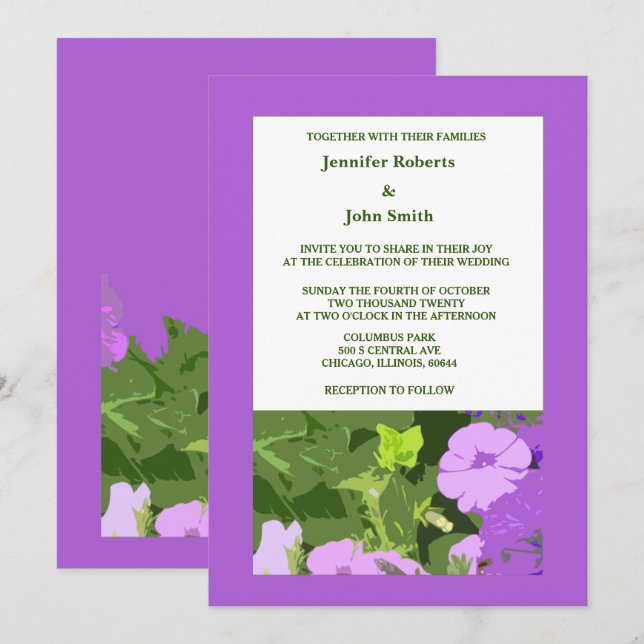 Invitación Flores violáceas moradas de flores verdes Boda de  (Anverso / Reverso)