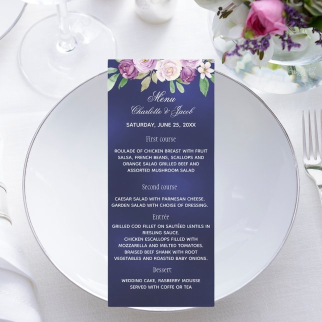 Invitación Flores violeta azul marino boda carta de cena (Subido por el creador)