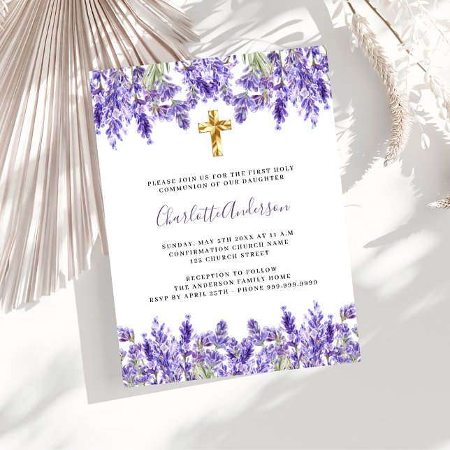 Invitación Flores violeta de Lavender cruz de oro Primera Com (Subido por el creador)