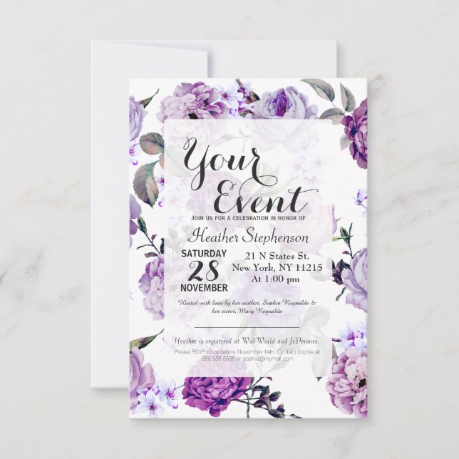 Invitación Flores violeta elegante Lilac moradas (Anverso)