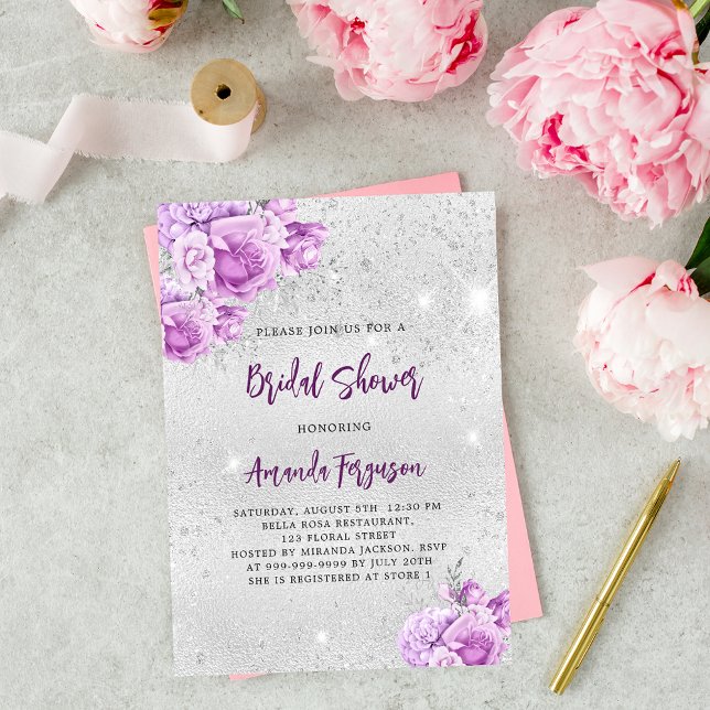 Invitación Flores violeta rosadas plateadas Bridal Shower (Subido por el creador)