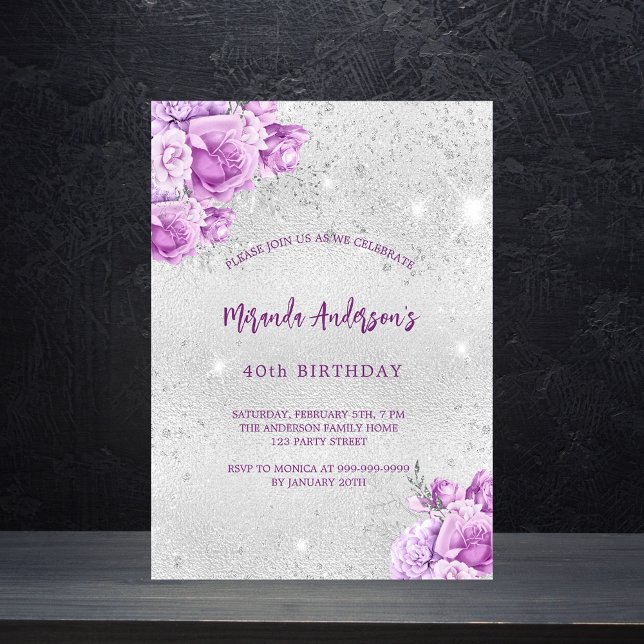 Invitación Flores violeta rosadas plateadas de lujo (Subido por el creador)