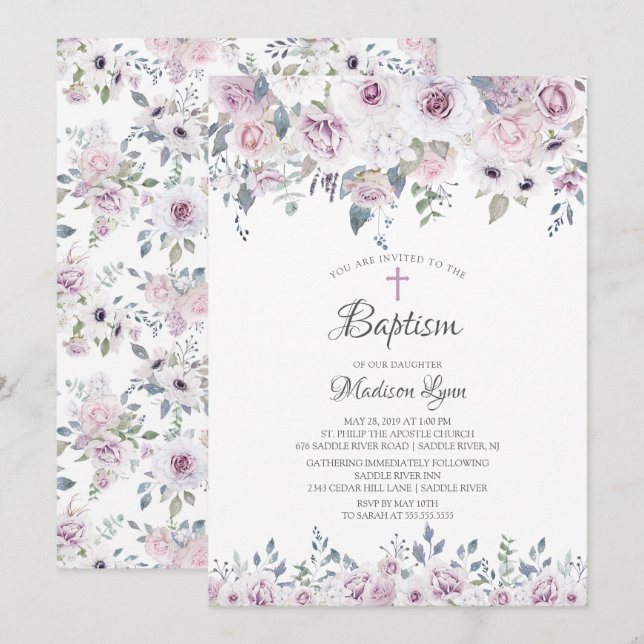 Invitación Flores violetas acuarelas bautizan (Anverso / Reverso)