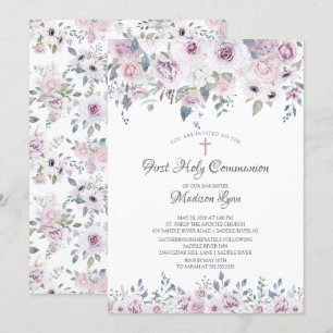 Invitación Flores violetas acuáticas primera comunión