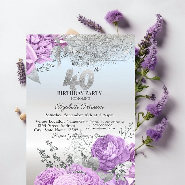 Invitación Flores Violetas Brillan Plata 40 Cumpleaños   (Subido por el creador)