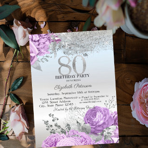 Invitación Flores Violetas Brillan Plata Cumpleaños 80  