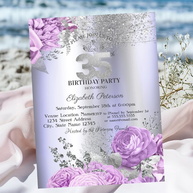 Invitación Flores Violetas Brillo Lila Cumpleaños 35 (Subido por el creador)