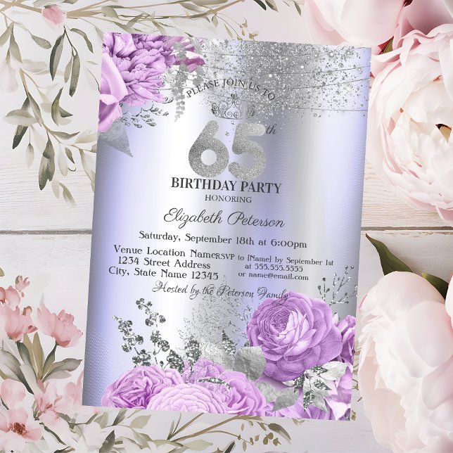 Invitación Flores Violetas Brillo Lila Cumpleaños 65 (Subido por el creador)