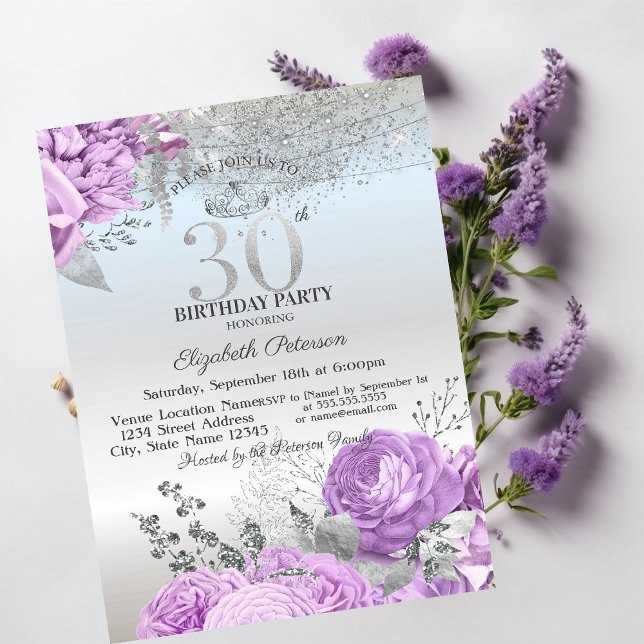 Invitación Flores Violetas Brillo Plateado Cumpleaños 30 (Subido por el creador)