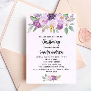 Invitación Flores violetas cristianas cruzan el lujo