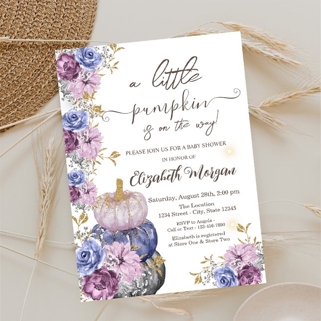 Invitación Flores violetas de calabaza dejan Baby Shower (Subido por el creador)