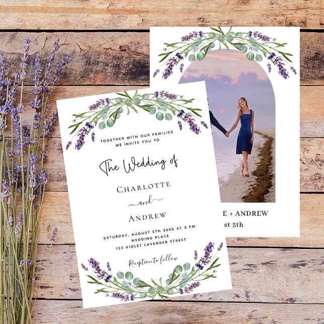 Invitación Flores violetas de lavanda arco foto boda de lujo (Subido por el creador)