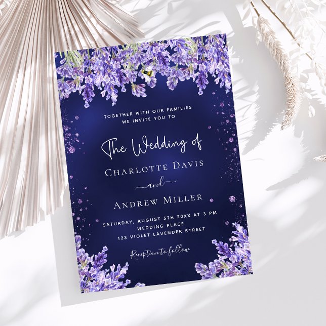 Invitación Flores violetas de lavanda boda de lujo azul marin (Subido por el creador)