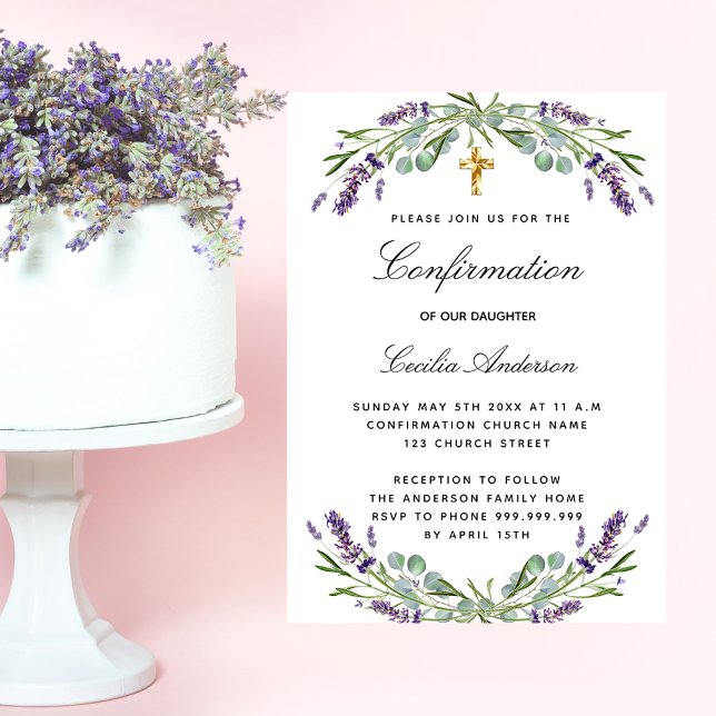Invitación Flores violetas de lavanda de confirmación eucalip (Subido por el creador)