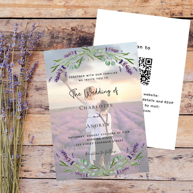 Invitación Flores violetas de lavanda fotográfica boda QR RSV (Subido por el creador)