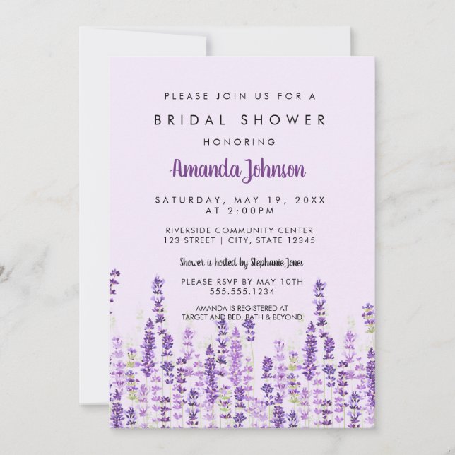 Invitación Flores violetas de lavanda Luminosa Ducha de novia (Anverso)