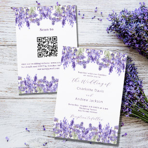 Invitación Flores violetas de lavanda QR RSVP detalles boda