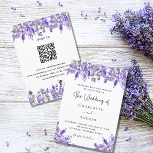 Invitación Flores violetas de lavanda QR RSVP detalles boda