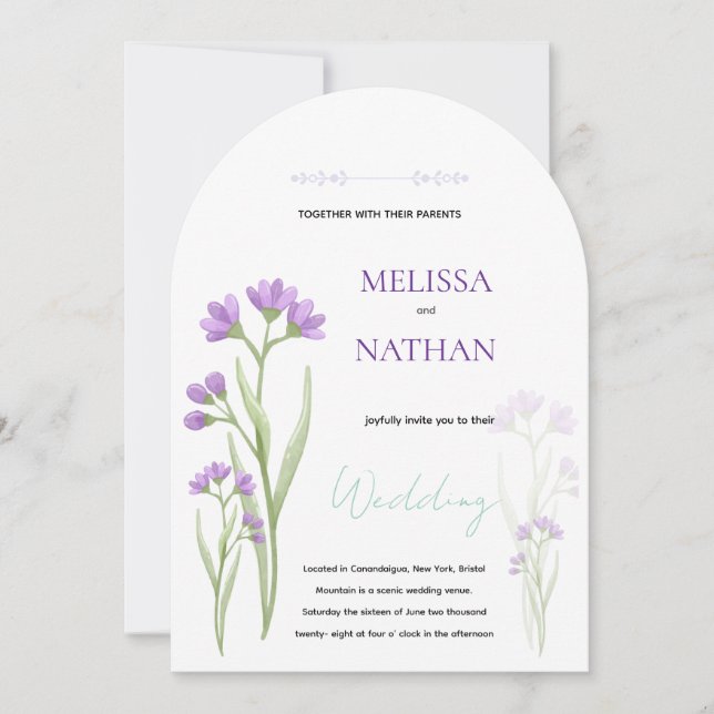 Invitación flores violetas delicadas (Anverso)