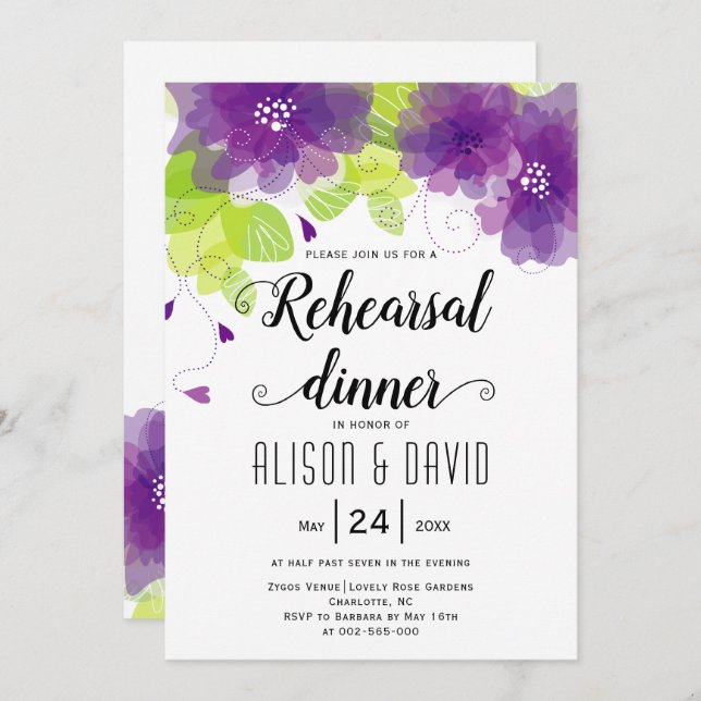 Invitación Flores violetas púrpura boda ensayo cena (Anverso / Reverso)