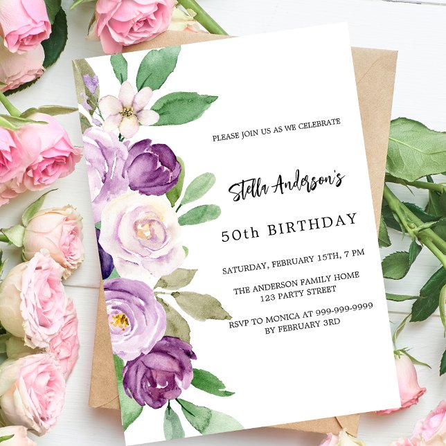 Invitación Flores violetas púrpuras cumpleaños de lujo (Subido por el creador)