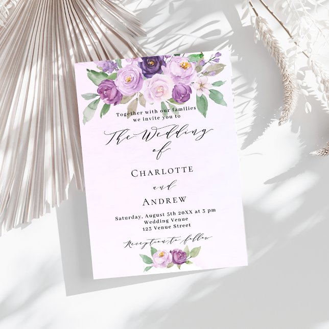 Invitación Flores violetas rosas verde elegante boda (Subido por el creador)