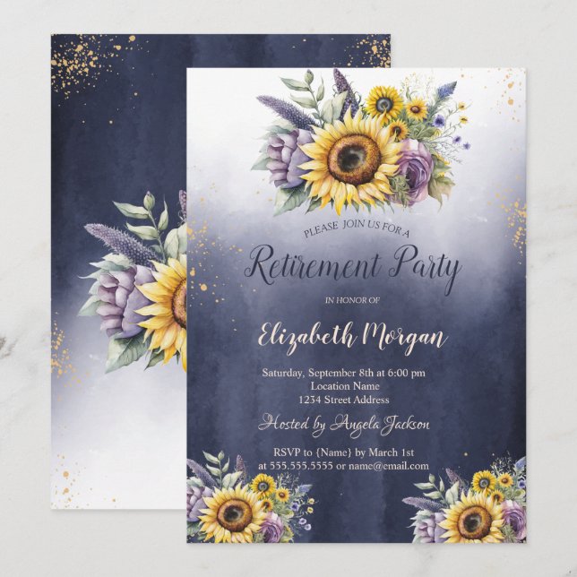 Invitación Flores Violetas Sunflowers Jubilación Azul Ombre (Anverso / Reverso)