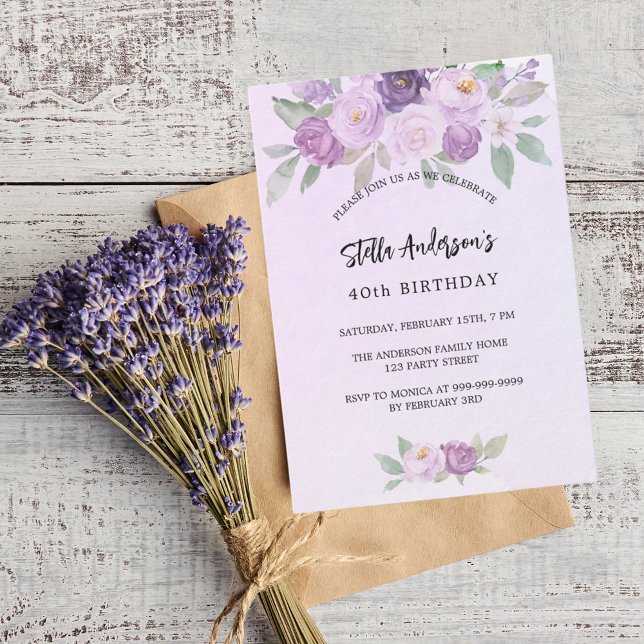 Invitación Flores violetas verdes cumpleaños de lujo (Subido por el creador)