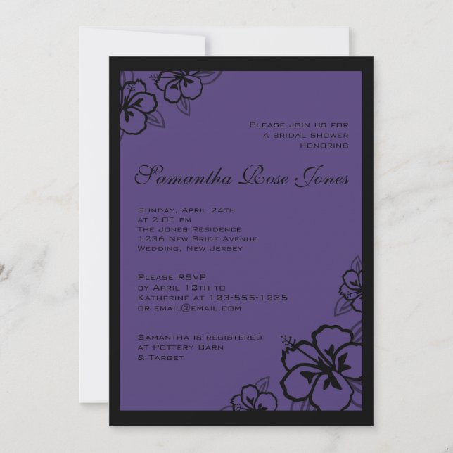 Invitación Flores violetas y negras hibiscus en la ducha de n (Anverso)