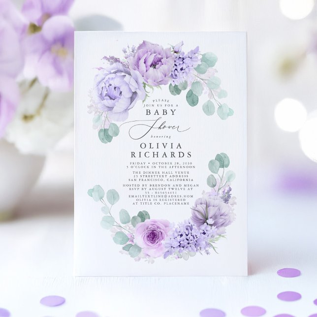 Invitación Flores violetas y turbias Baby Shower elegante sua (Purple Baby Shower Invitation)