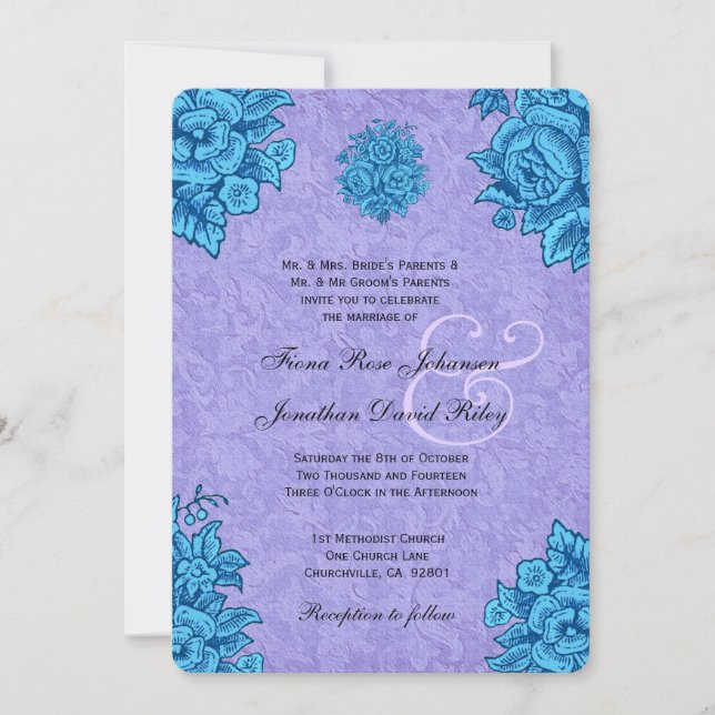 Invitación Flores violetas y turquesas Boda V31 (Anverso)