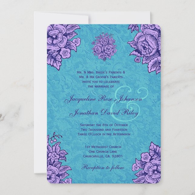 Invitación Flores violetas y Verde azuladas Boda V33 (Anverso)