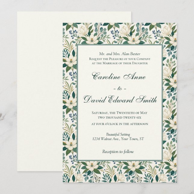 Invitación Flores y Bayas Blancas Modernas y Hermosas (Anverso / Reverso)