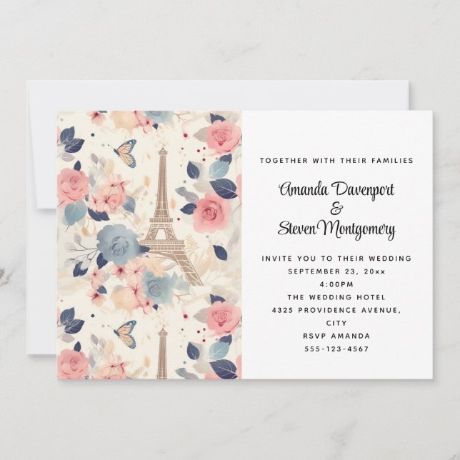 Invitación Flores y Boda del patrón París de la Torre Eiffel (Anverso)