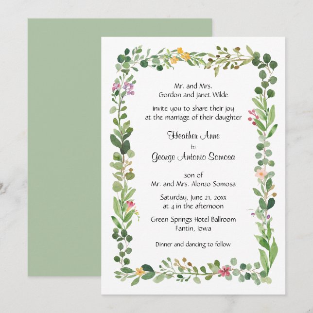 Invitación Flores y Bodas verdes rosas y amarillas (Anverso / Reverso)