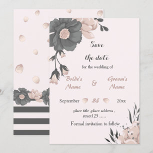 Invitación flores y capullos rosados y grises polvorientos sa