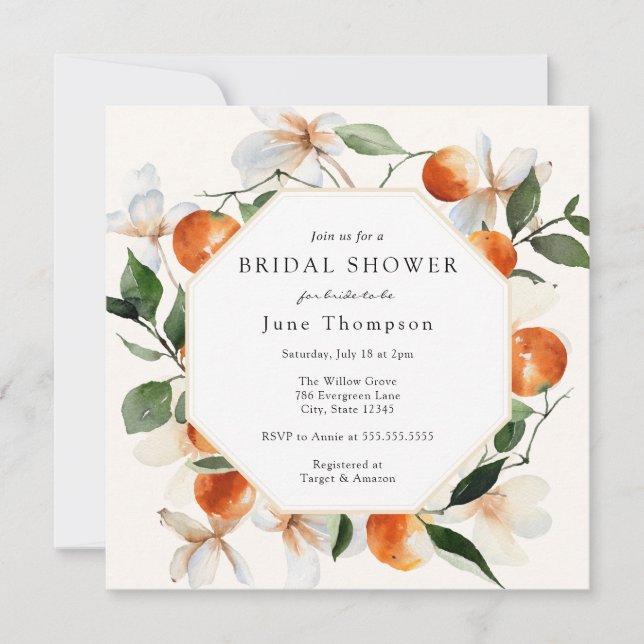 Invitación Flores y clementinas naranjas Ducha de novias (Anverso)