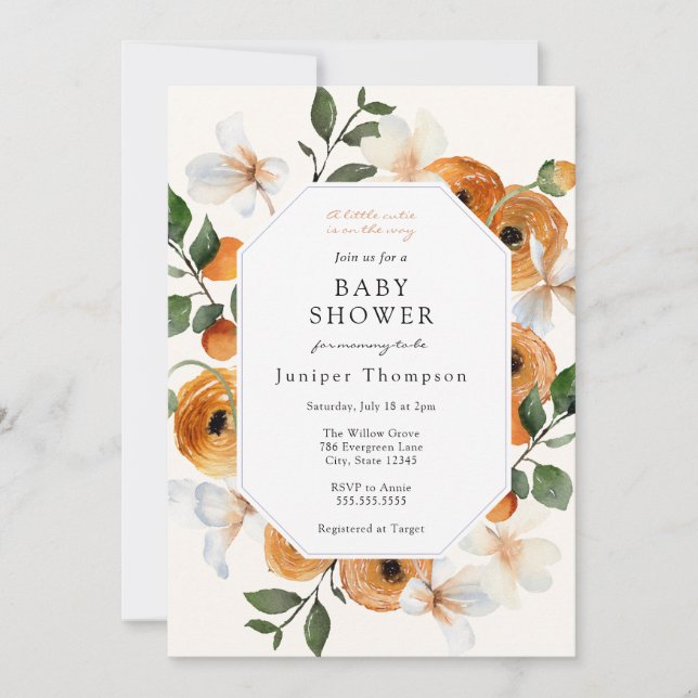 Invitación Flores y clementinas naranjas Invita Baby Shower (Anverso)